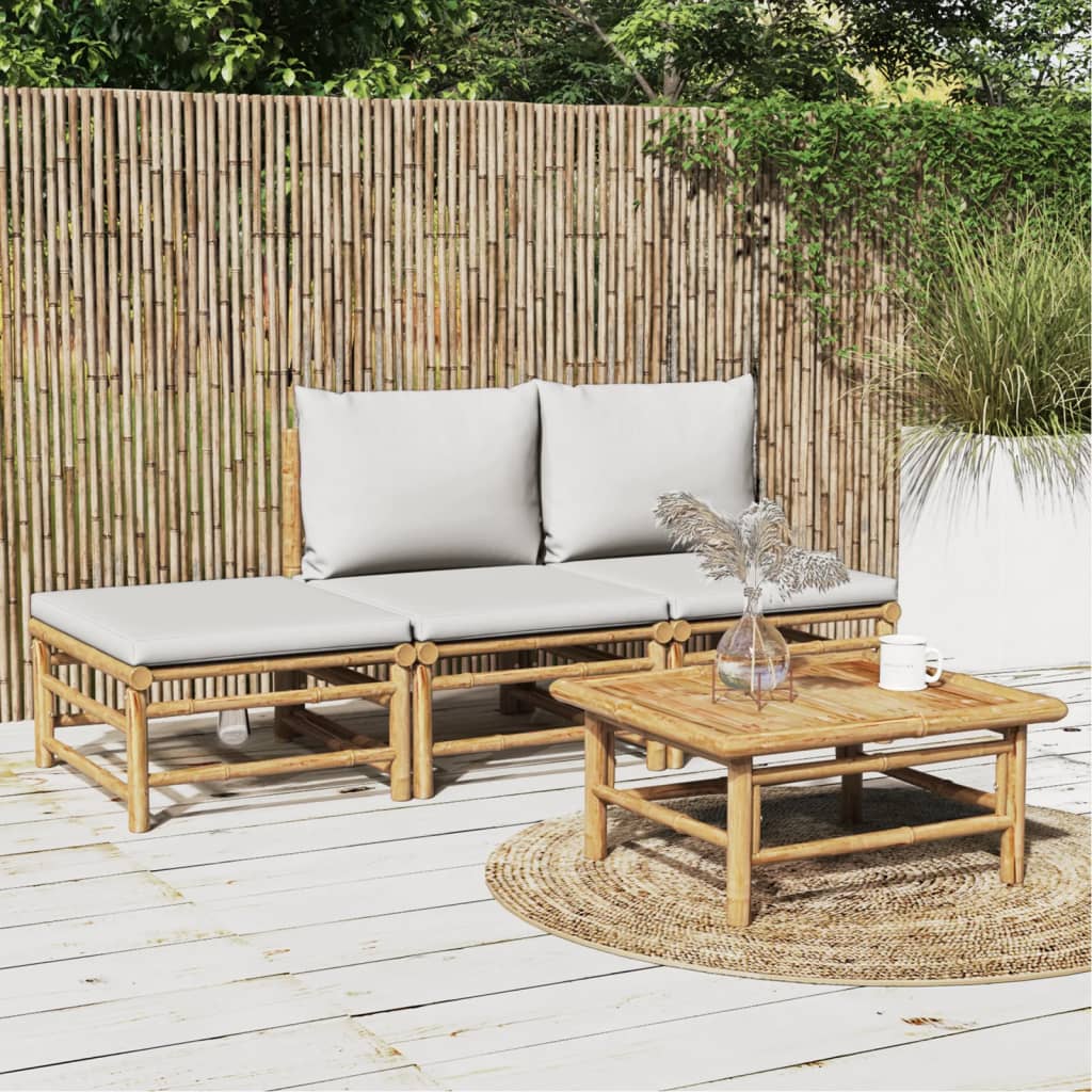 vidaXL 4 Piece Patio Lounge Set with Light Gray Cushions Bamboo-0