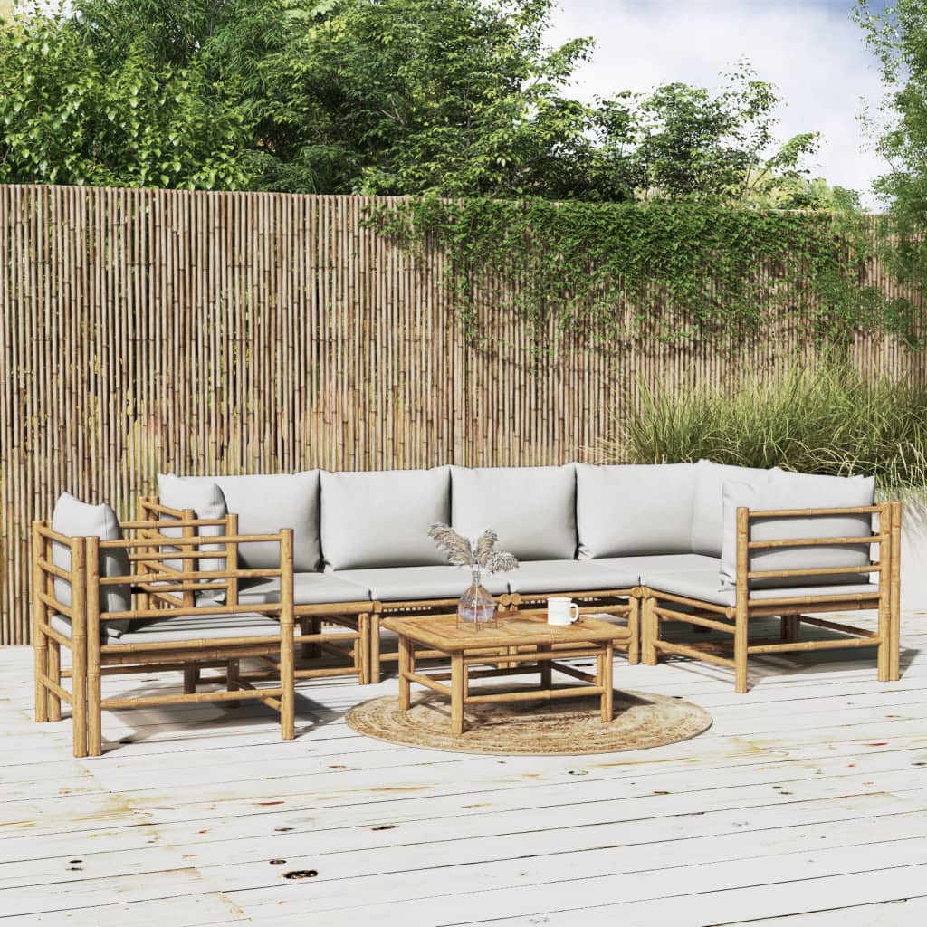 vidaXL 7 Piece Patio Lounge Set with Light Gray Cushions Bamboo-0