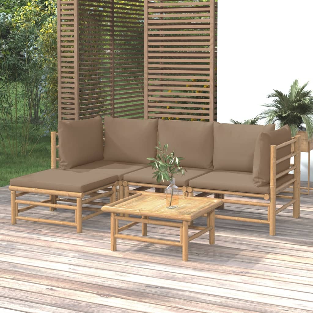 vidaXL 5 Piece Patio Lounge Set with Taupe Cushions Bamboo-0