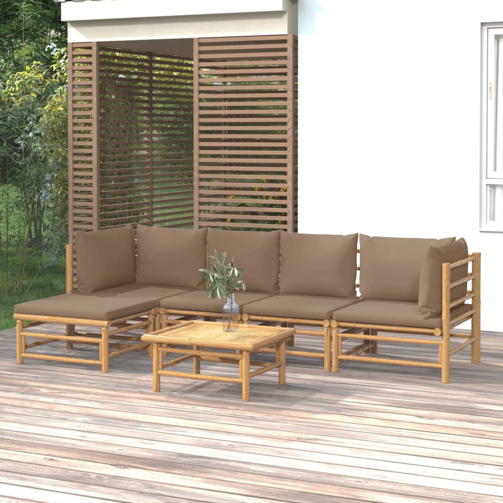 vidaXL 6 Piece Patio Lounge Set with Taupe Cushions Bamboo-0