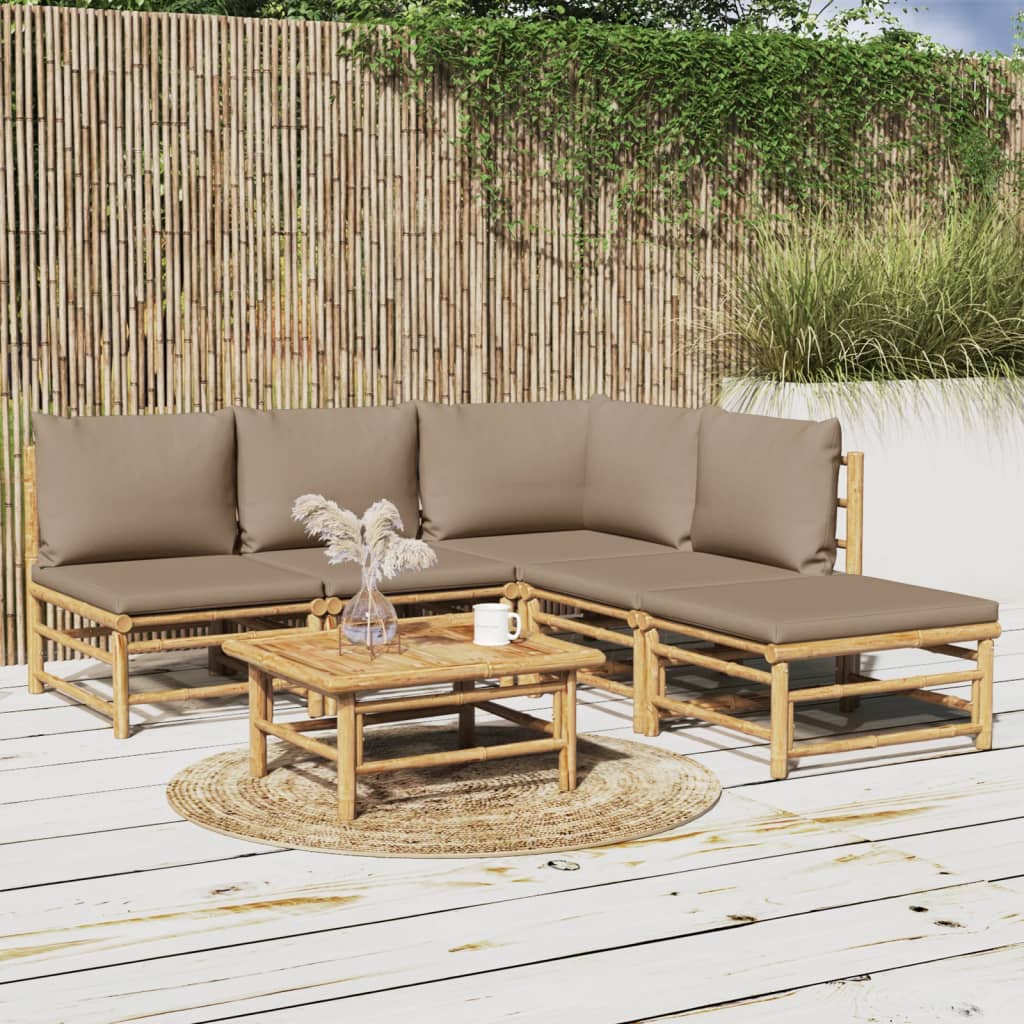 vidaXL 6 Piece Patio Lounge Set with Taupe Cushions Bamboo-0