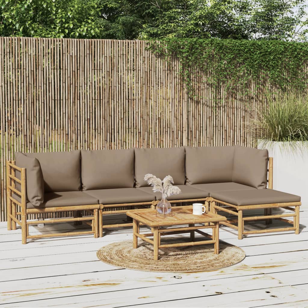 vidaXL 6 Piece Patio Lounge Set with Taupe Cushions Bamboo-0