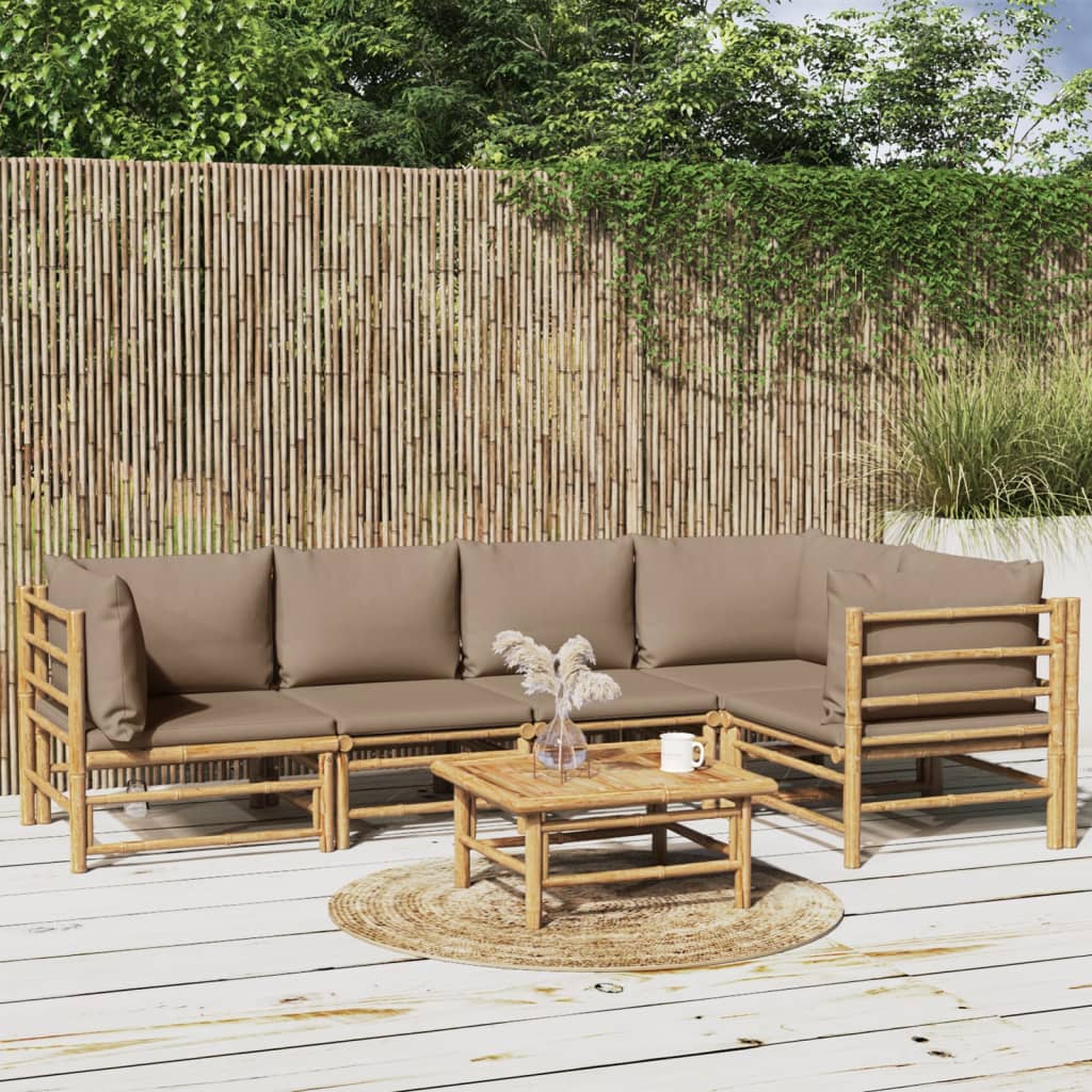 vidaXL 6 Piece Patio Lounge Set with Taupe Cushions Bamboo-0