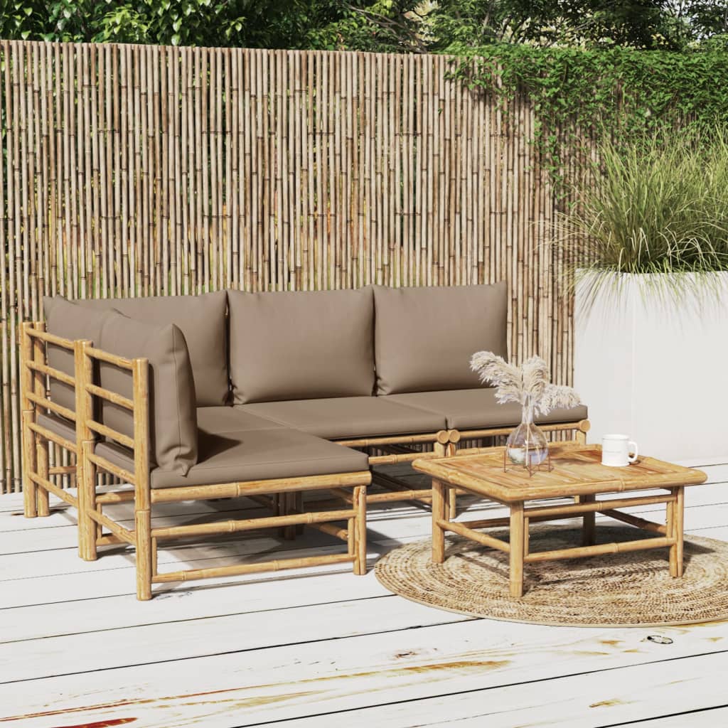 vidaXL 5 Piece Patio Lounge Set with Taupe Cushions Bamboo-0