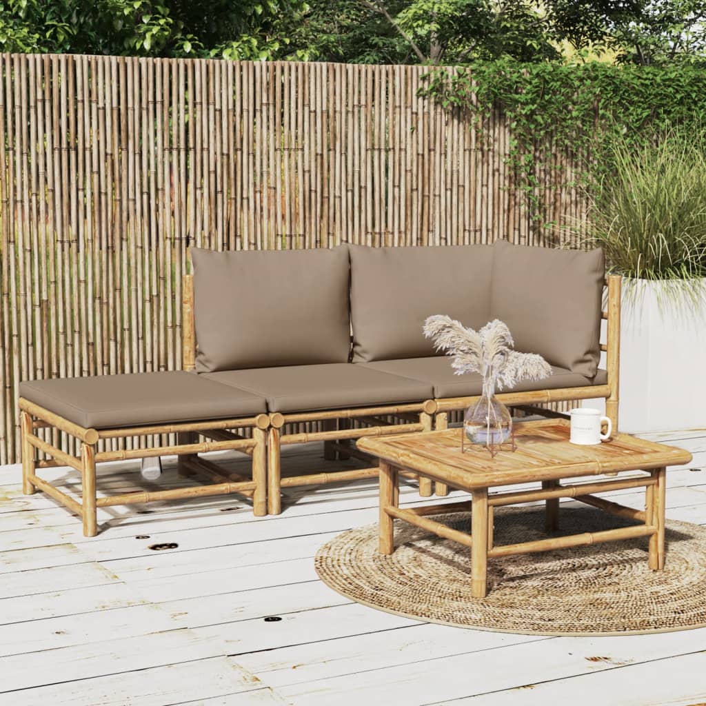 vidaXL 3 Piece Patio Lounge Set with Taupe Cushions Bamboo-0