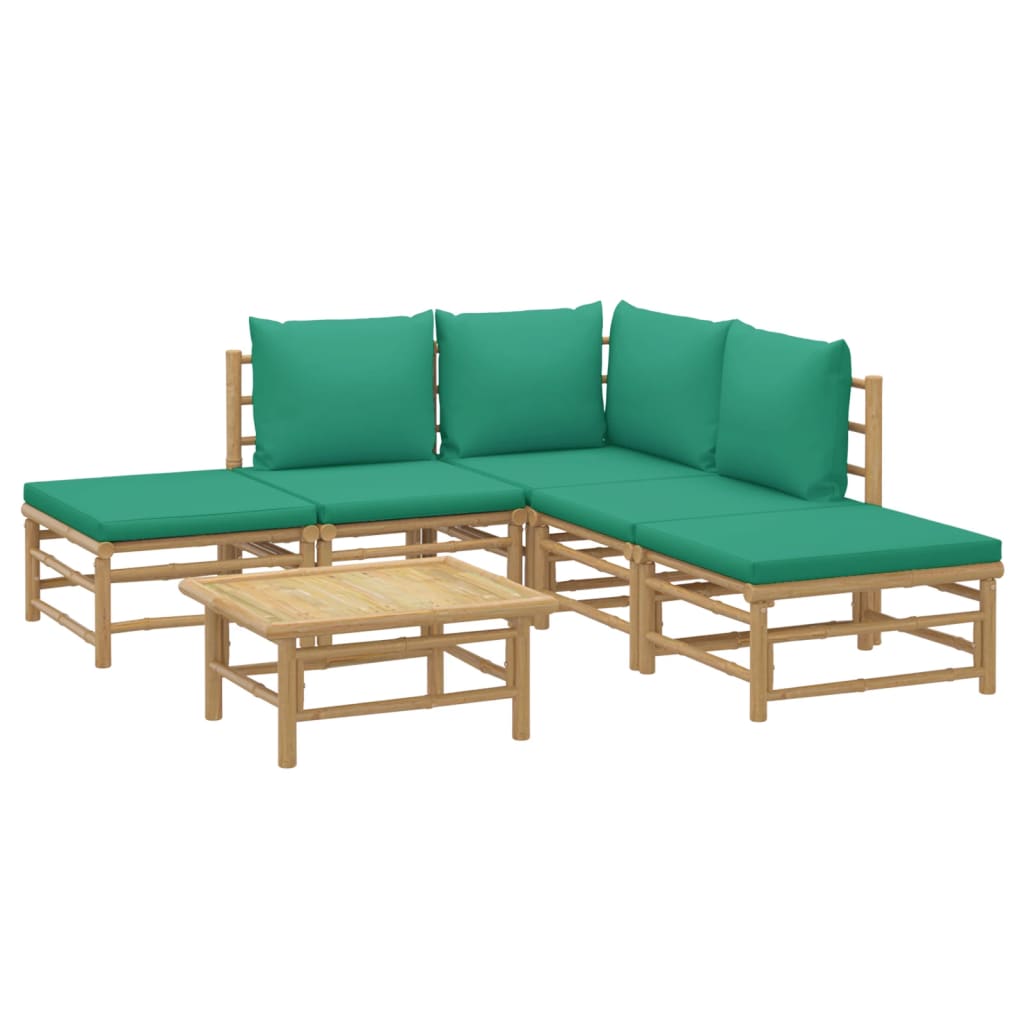 vidaXL 6 Piece Patio Lounge Set with Green Cushions Bamboo-1