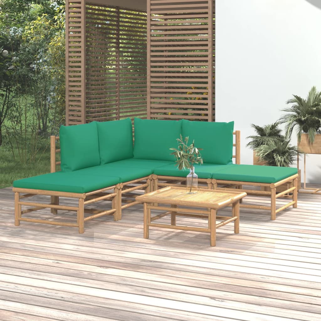 vidaXL 6 Piece Patio Lounge Set with Green Cushions Bamboo-0