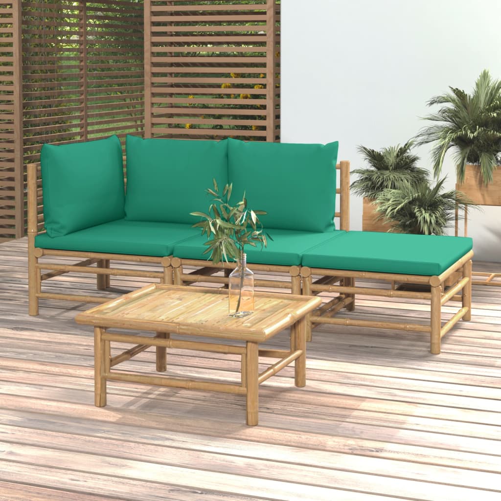 vidaXL 4 Piece Patio Lounge Set with Green Cushions Bamboo-0