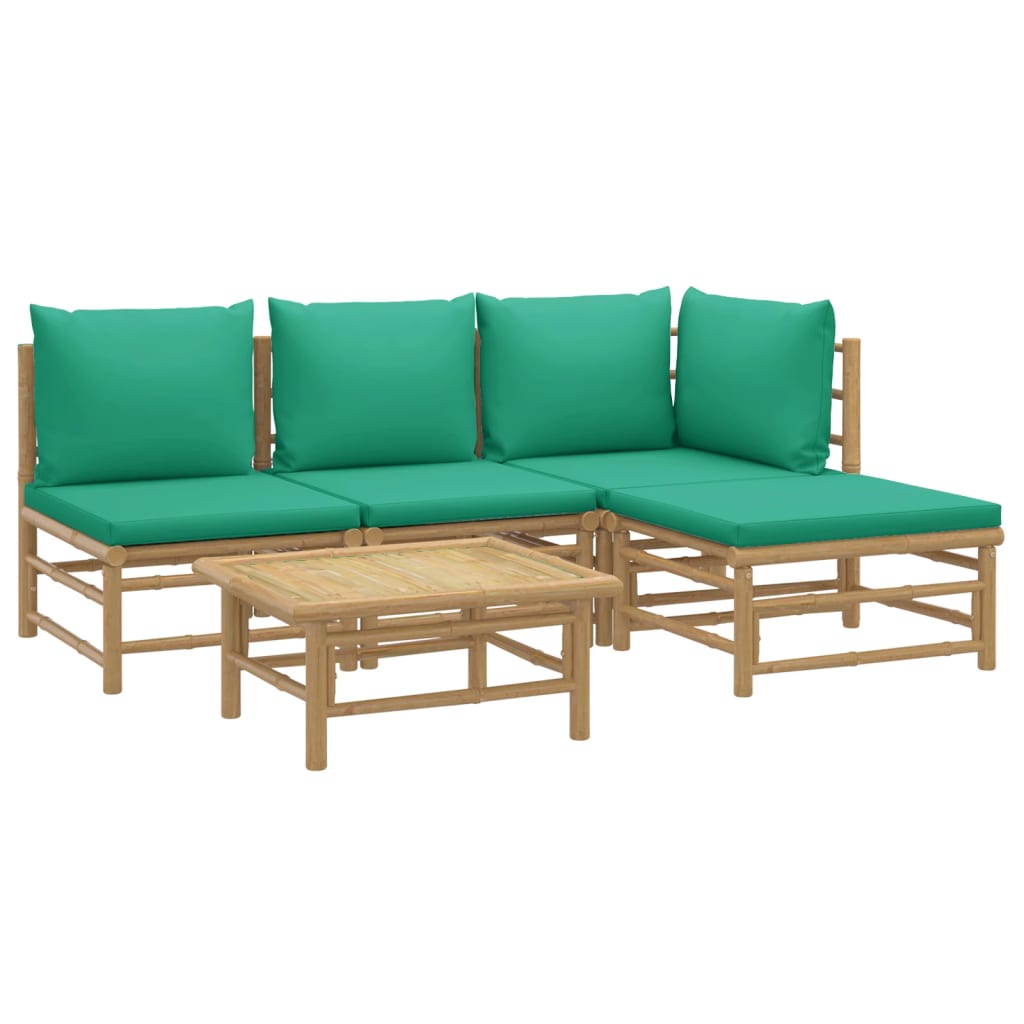 vidaXL 5 Piece Patio Lounge Set with Green Cushions Bamboo-1