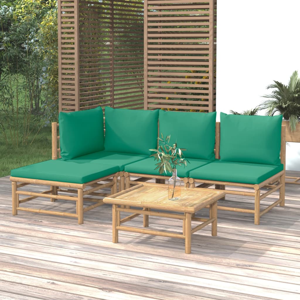 vidaXL 5 Piece Patio Lounge Set with Green Cushions Bamboo-0