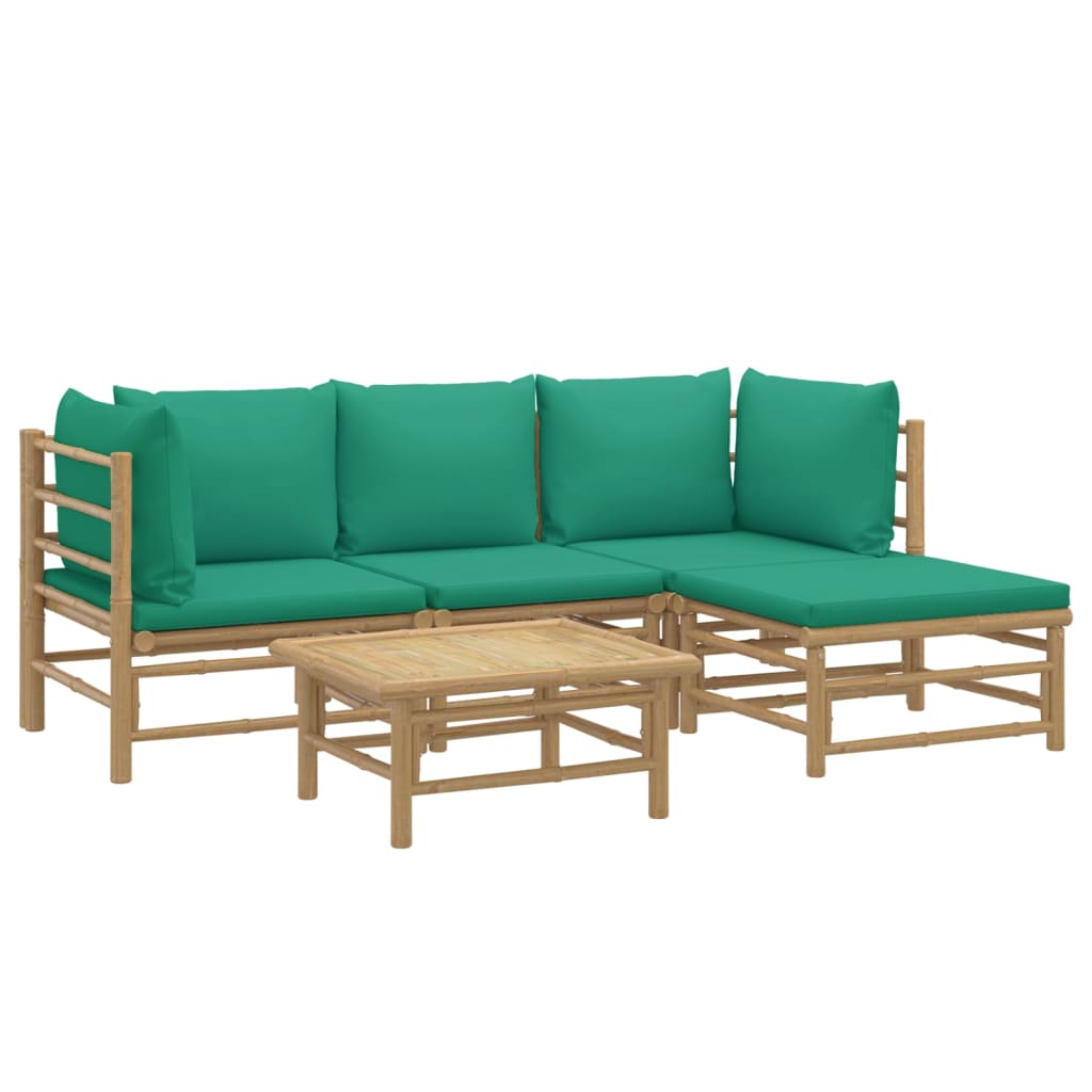 vidaXL 5 Piece Patio Lounge Set with Green Cushions Bamboo-1