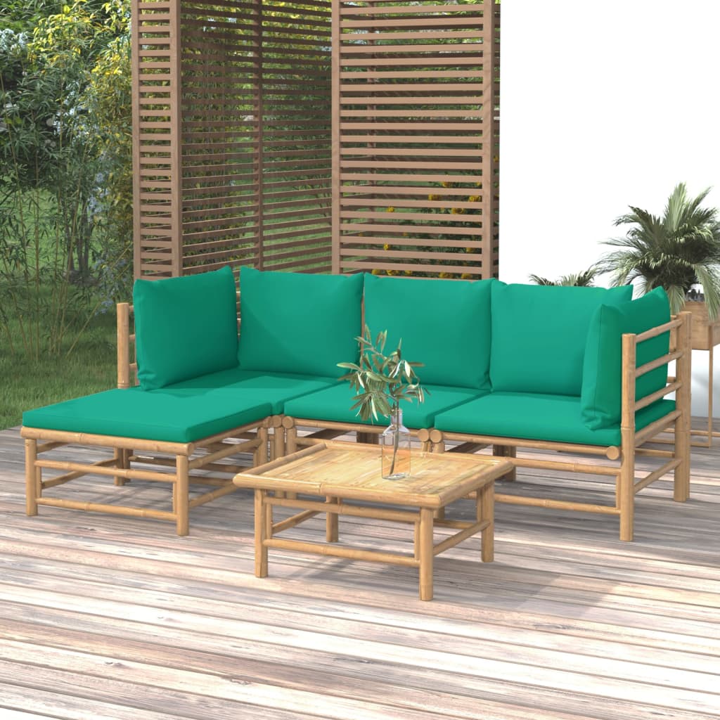 vidaXL 5 Piece Patio Lounge Set with Green Cushions Bamboo-0