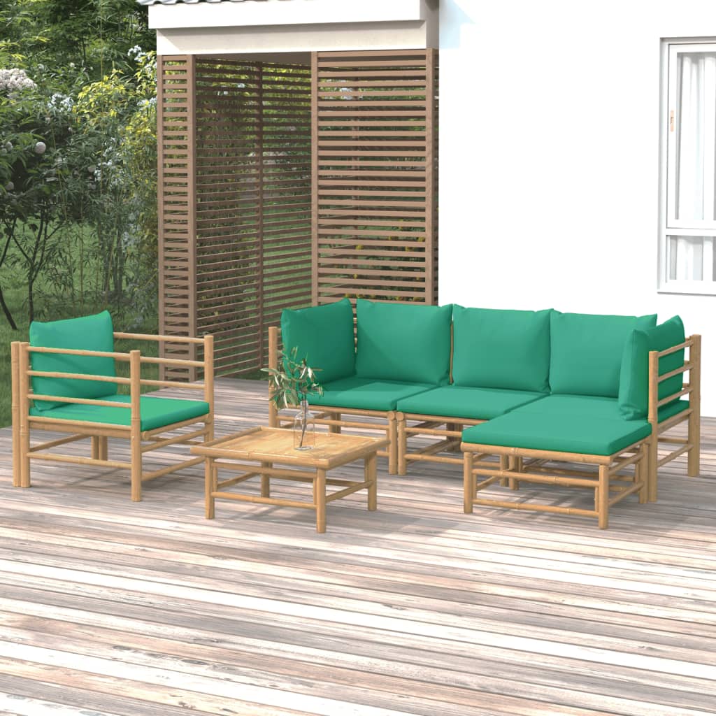 vidaXL 6 Piece Patio Lounge Set with Green Cushions Bamboo-0