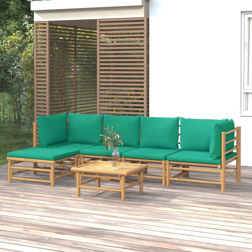 vidaXL 6 Piece Patio Lounge Set with Green Cushions Bamboo-0