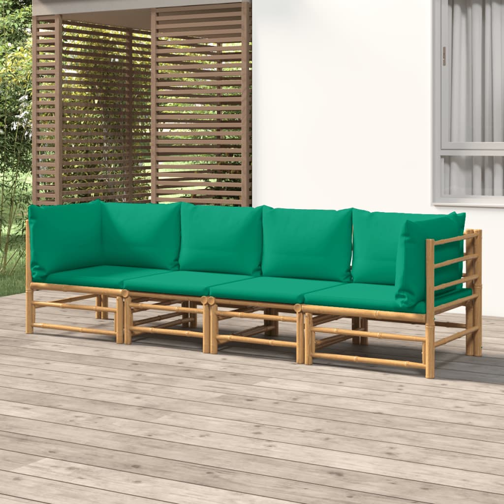 vidaXL 4 Piece Patio Lounge Set with Green Cushions Bamboo-0