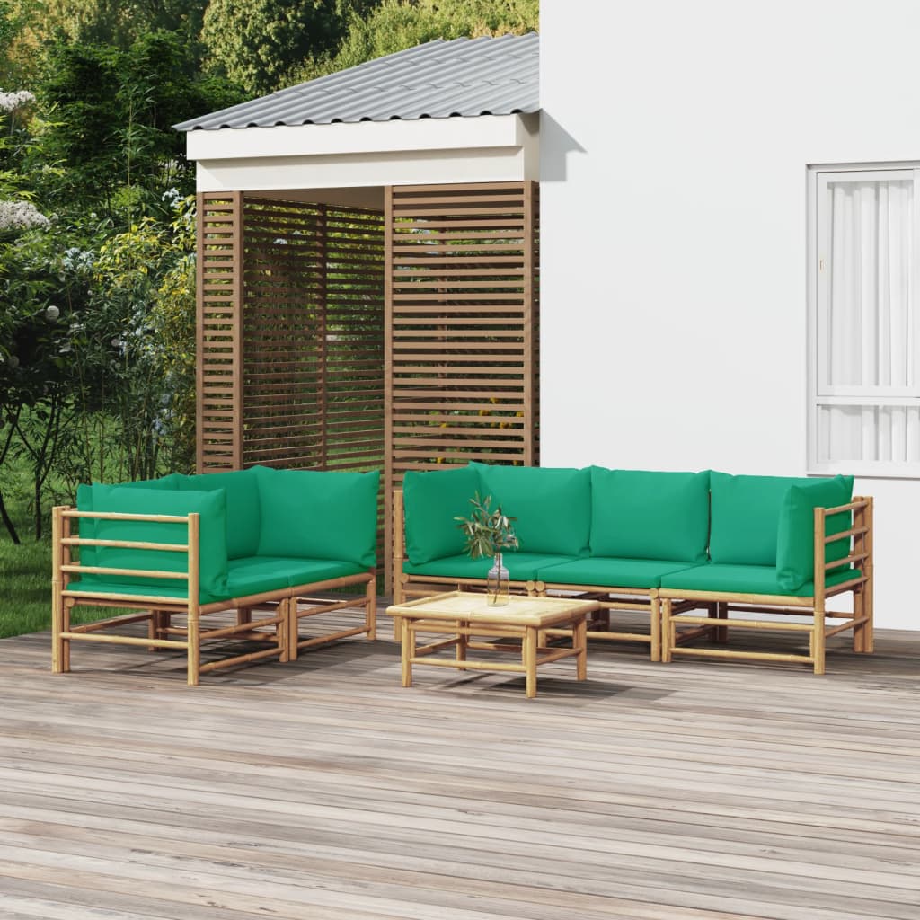 vidaXL 6 Piece Patio Lounge Set with Green Cushions Bamboo-0