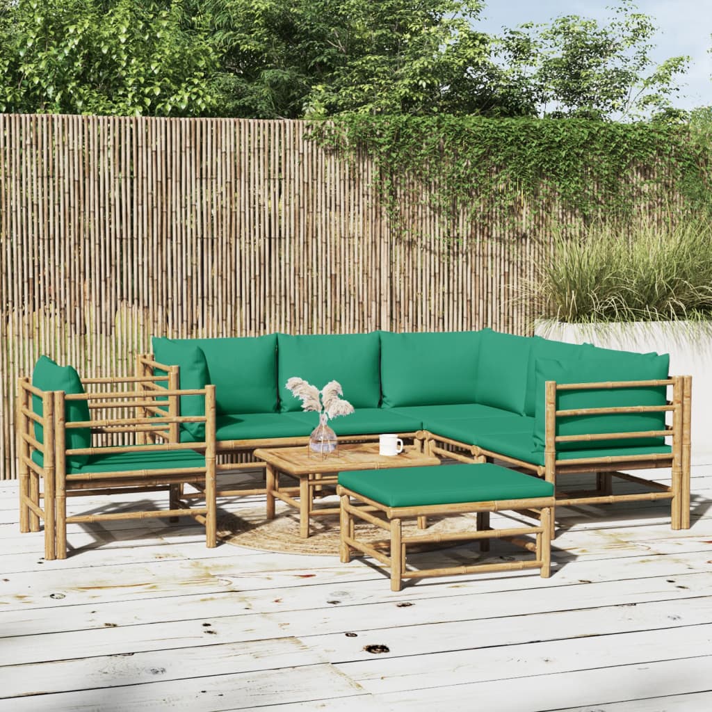 vidaXL 8 Piece Patio Lounge Set with Green Cushions Bamboo-0