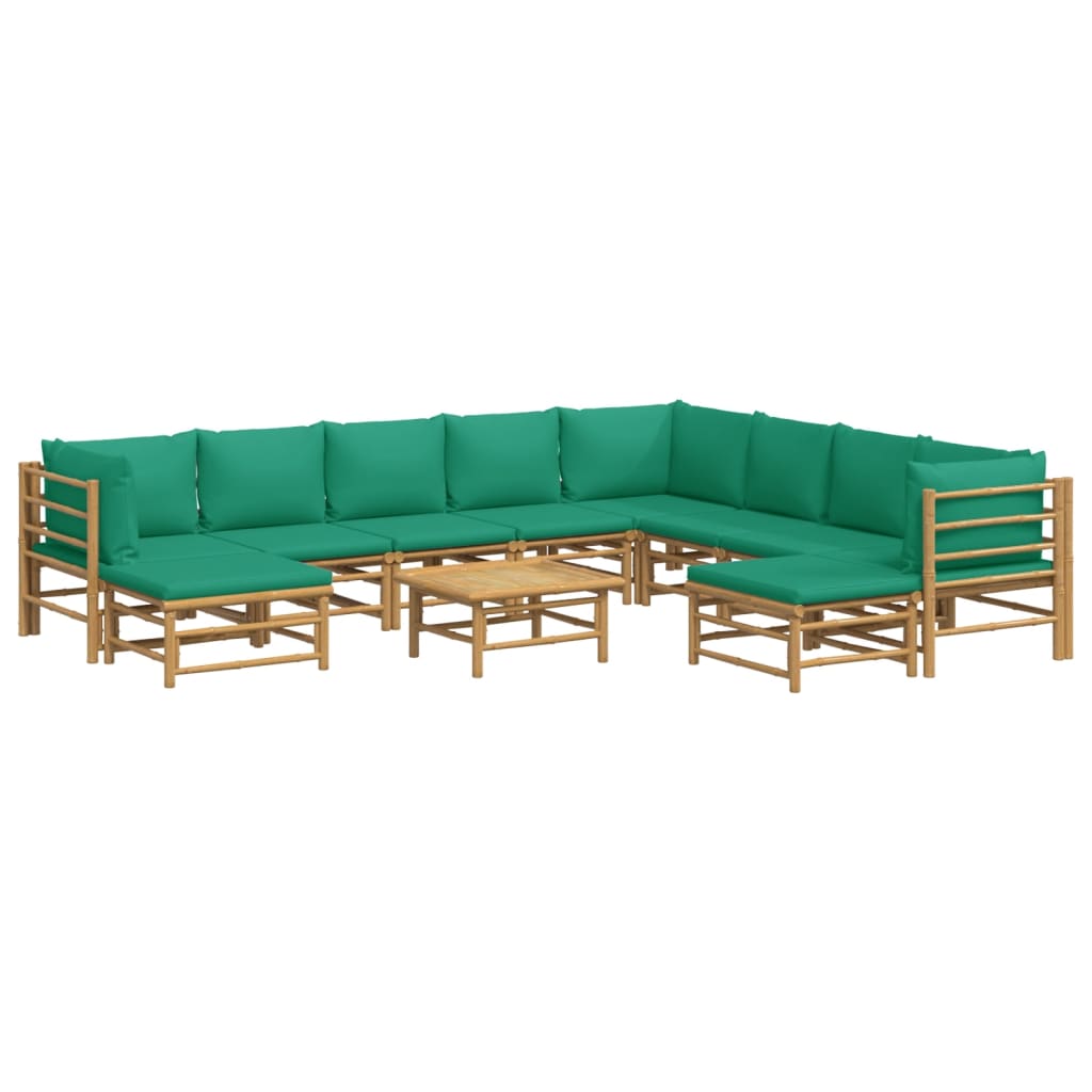 vidaXL 11 Piece Patio Lounge Set with Green Cushions Bamboo-1