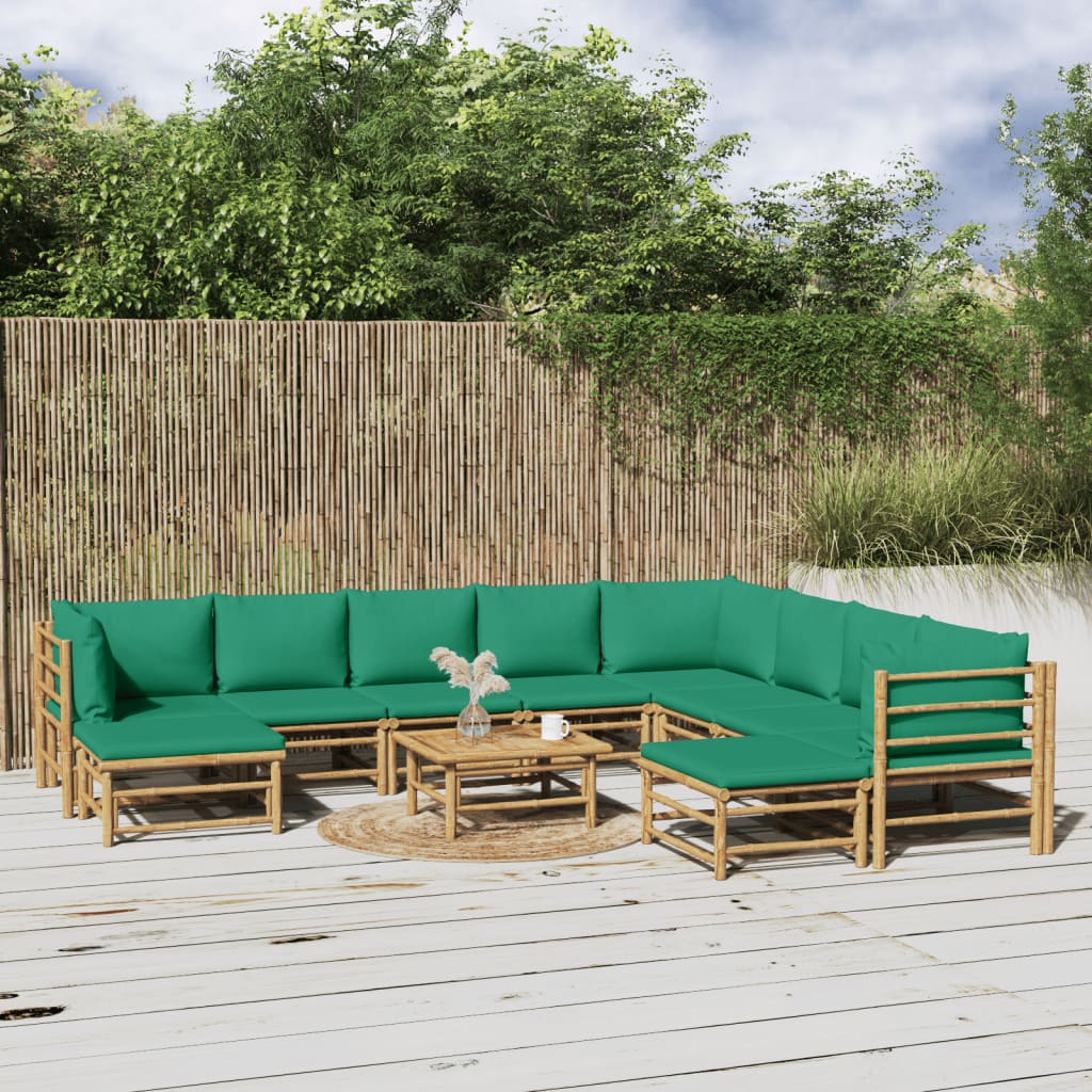 vidaXL 11 Piece Patio Lounge Set with Green Cushions Bamboo-0