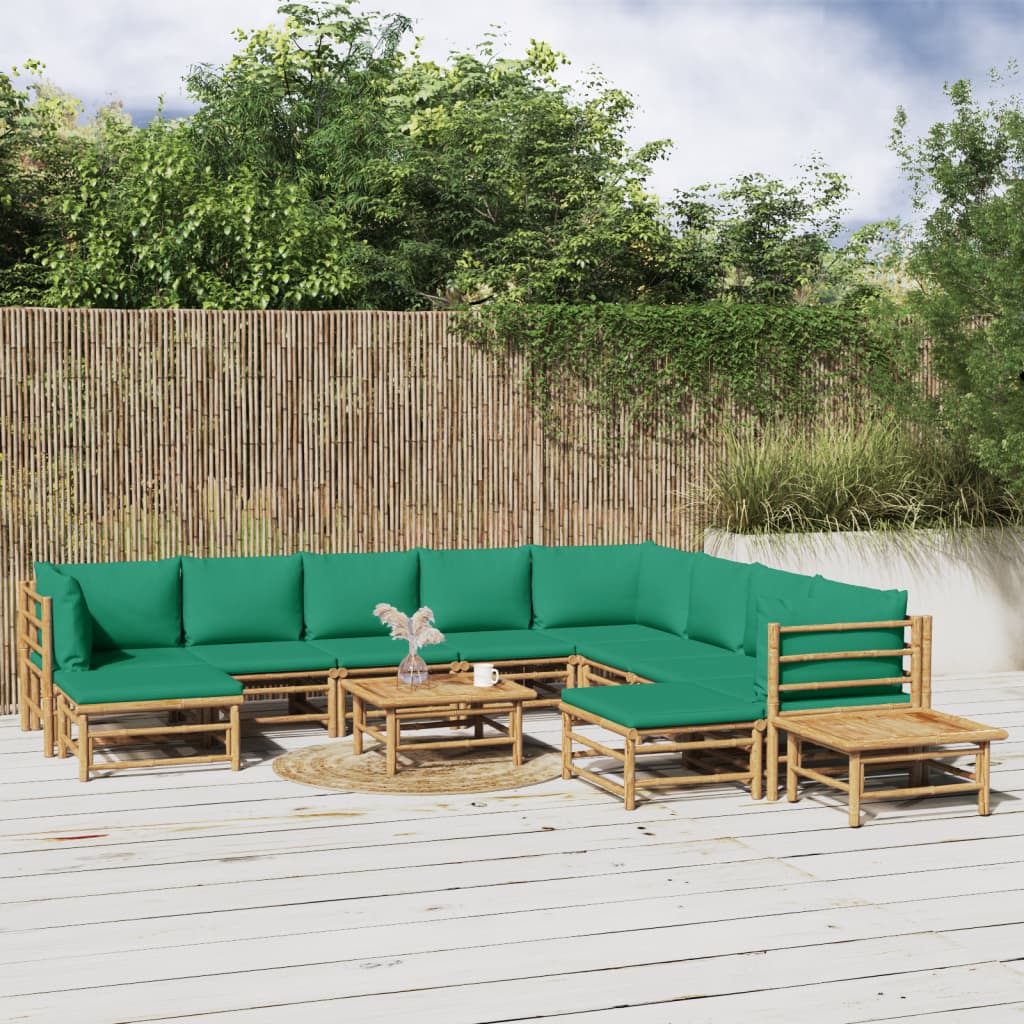 vidaXL 12 Piece Patio Lounge Set with Green Cushions Bamboo-0