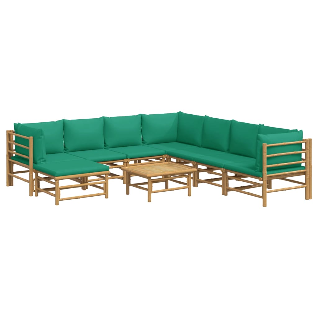 vidaXL 9 Piece Patio Lounge Set with Green Cushions Bamboo-1