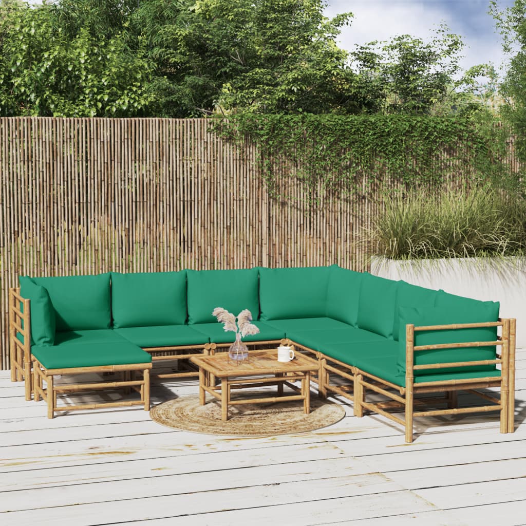 vidaXL 9 Piece Patio Lounge Set with Green Cushions Bamboo-0