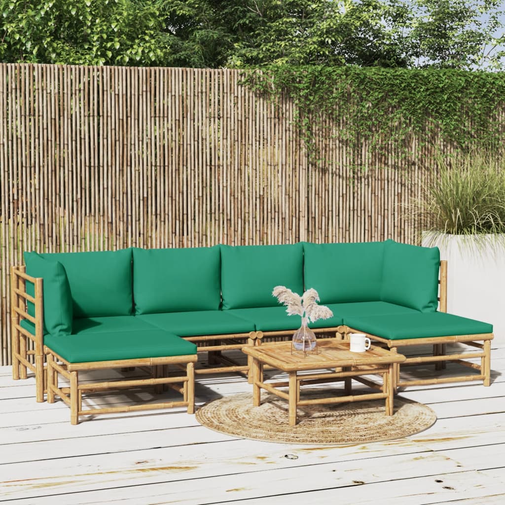 vidaXL 7 Piece Patio Lounge Set with Green Cushions Bamboo-0