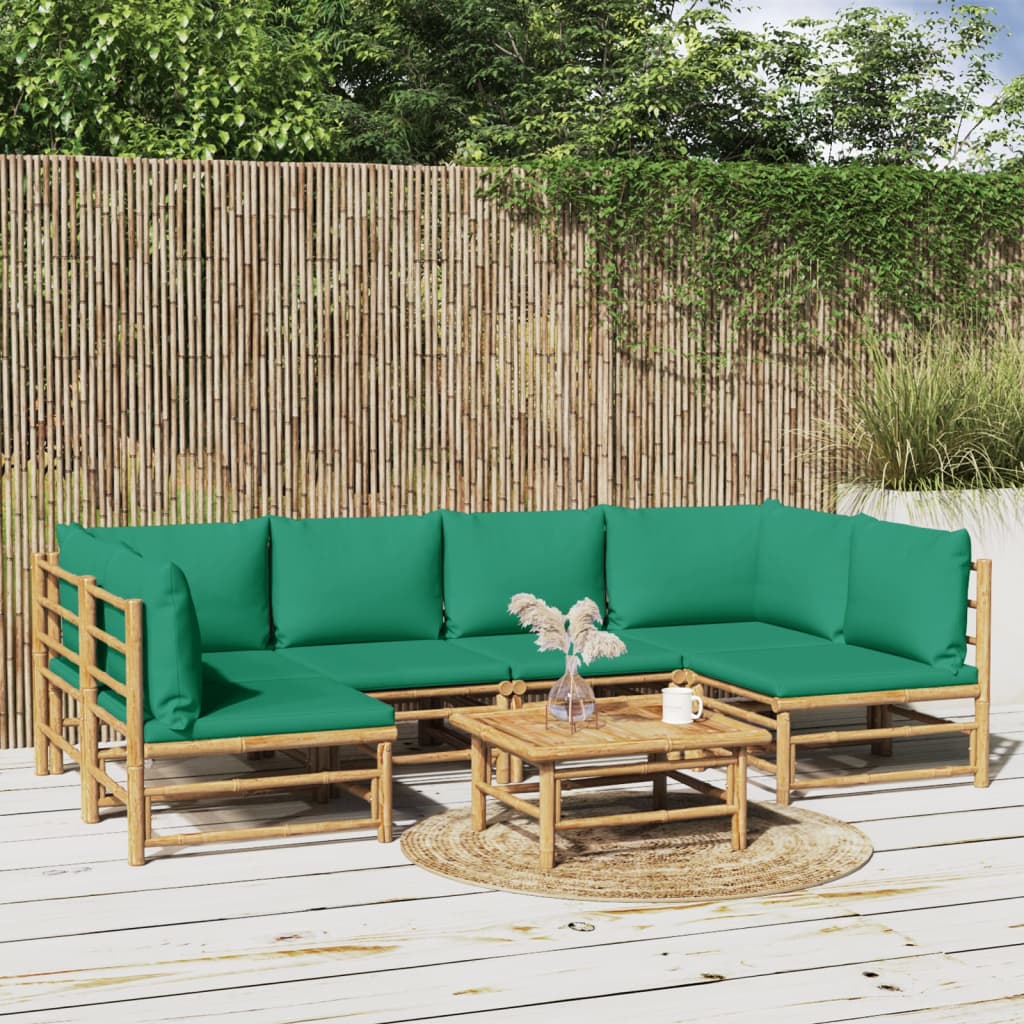 vidaXL 7 Piece Patio Lounge Set with Green Cushions Bamboo-0