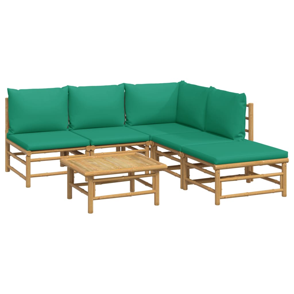 vidaXL 6 Piece Patio Lounge Set with Green Cushions Bamboo-1