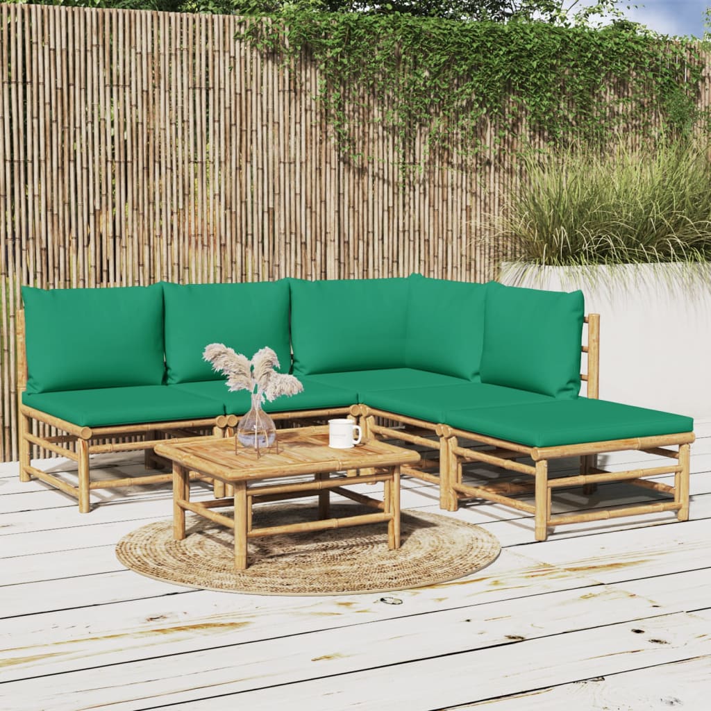 vidaXL 6 Piece Patio Lounge Set with Green Cushions Bamboo-0