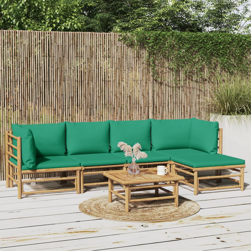 vidaXL 6 Piece Patio Lounge Set with Green Cushions Bamboo-0