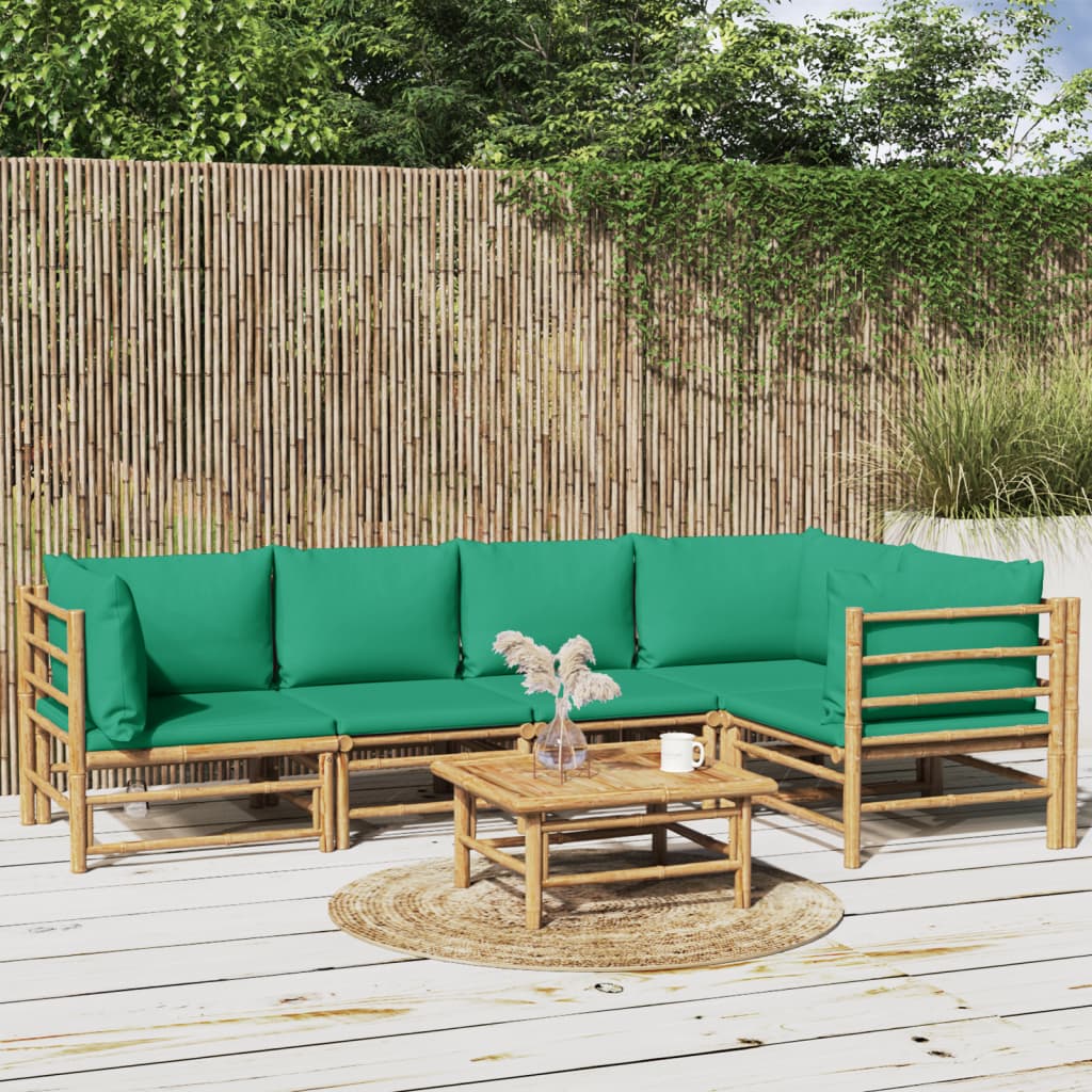 vidaXL 6 Piece Patio Lounge Set with Green Cushions Bamboo-0