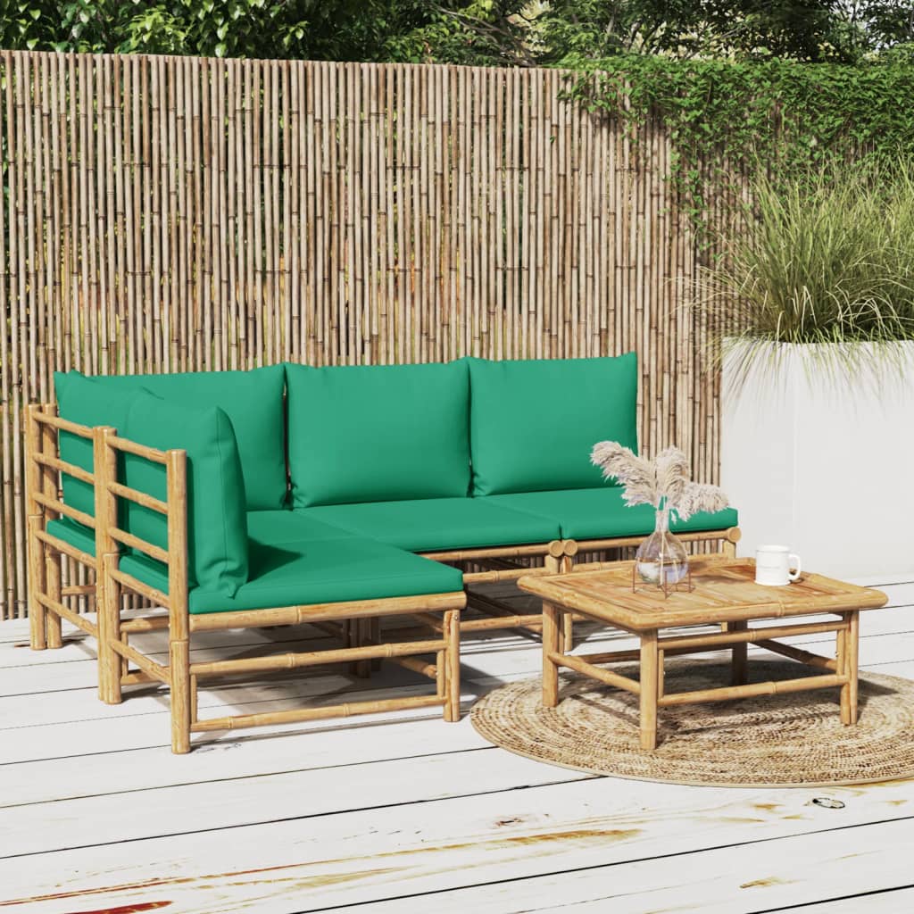 vidaXL 5 Piece Patio Lounge Set with Green Cushions Bamboo-0