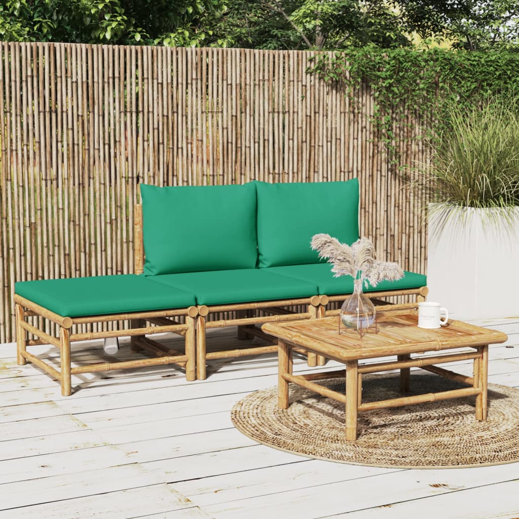 vidaXL 4 Piece Patio Lounge Set with Green Cushions Bamboo-0