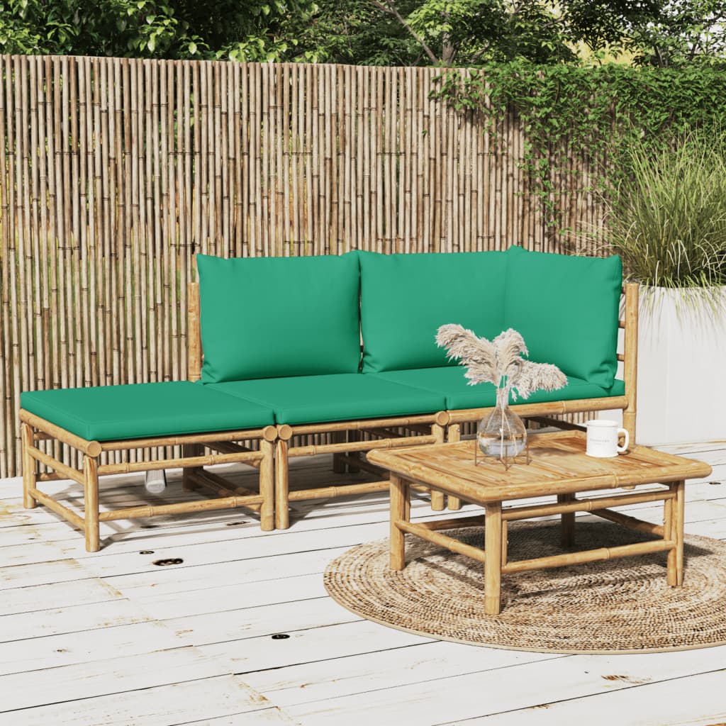 vidaXL 3 Piece Patio Lounge Set with Green Cushions Bamboo-0