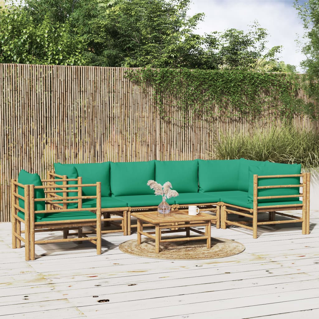 vidaXL 7 Piece Patio Lounge Set with Green Cushions Bamboo-0