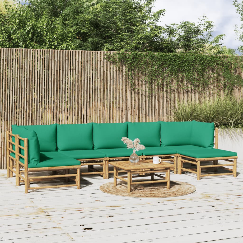 vidaXL 8 Piece Patio Lounge Set with Green Cushions Bamboo-0