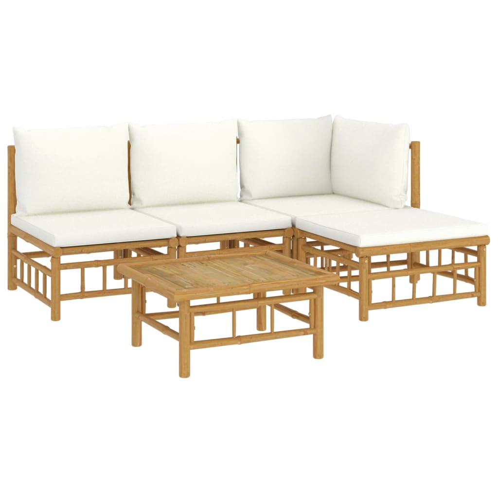 vidaXL 5 Piece Patio Lounge Set with Cream White Cushions Bamboo-1