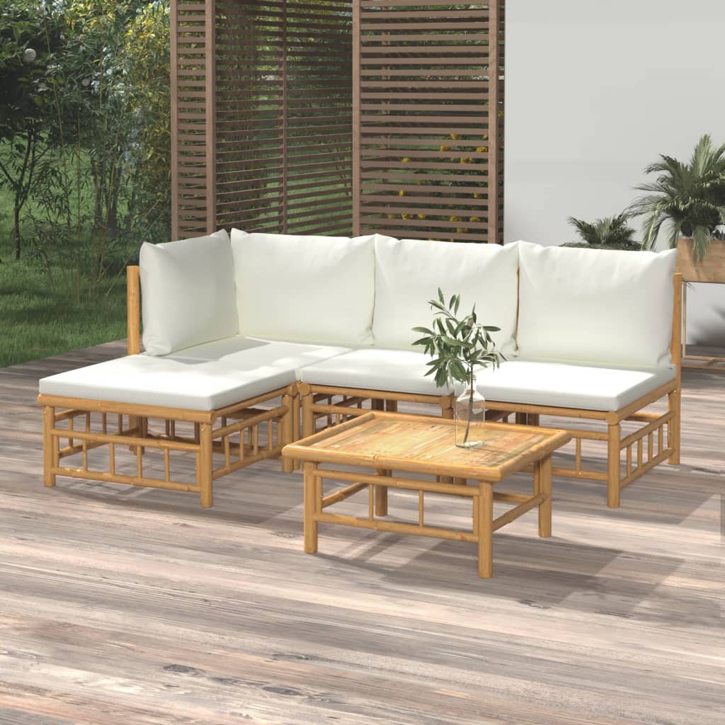 vidaXL 5 Piece Patio Lounge Set with Cream White Cushions Bamboo-0