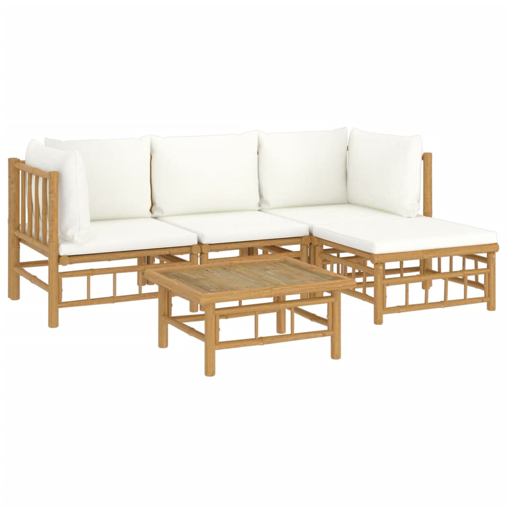 vidaXL 5 Piece Patio Lounge Set with Cream White Cushions Bamboo-1