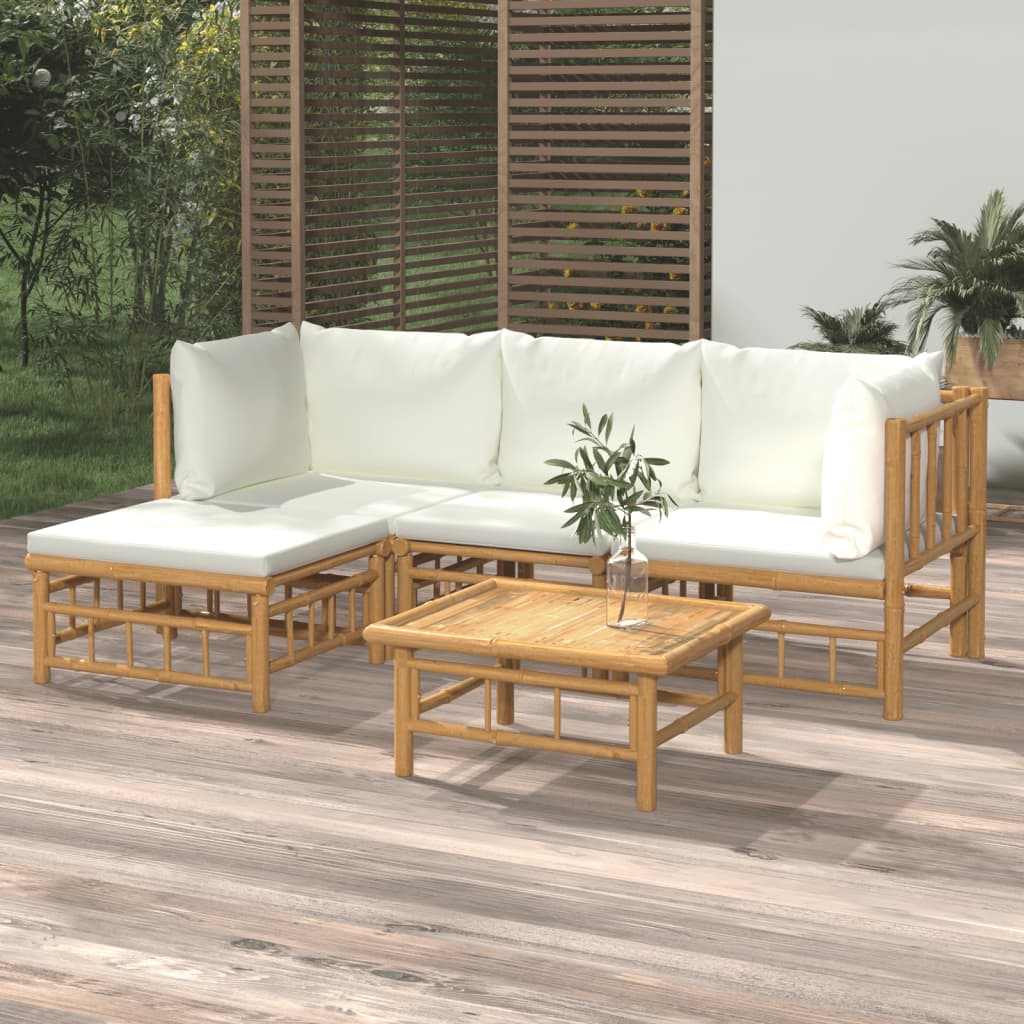 vidaXL 5 Piece Patio Lounge Set with Cream White Cushions Bamboo-0