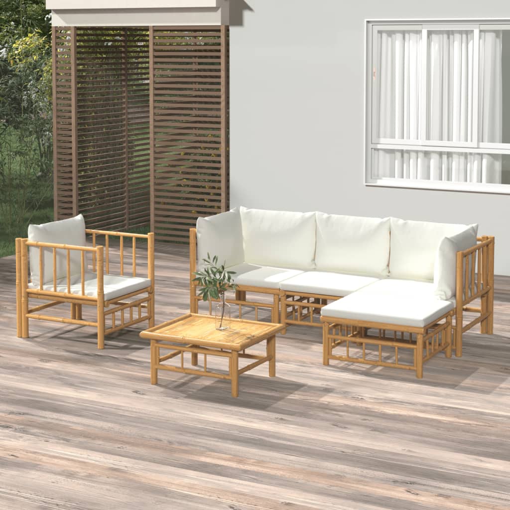 vidaXL 6 Piece Patio Lounge Set with Cream White Cushions Bamboo-0