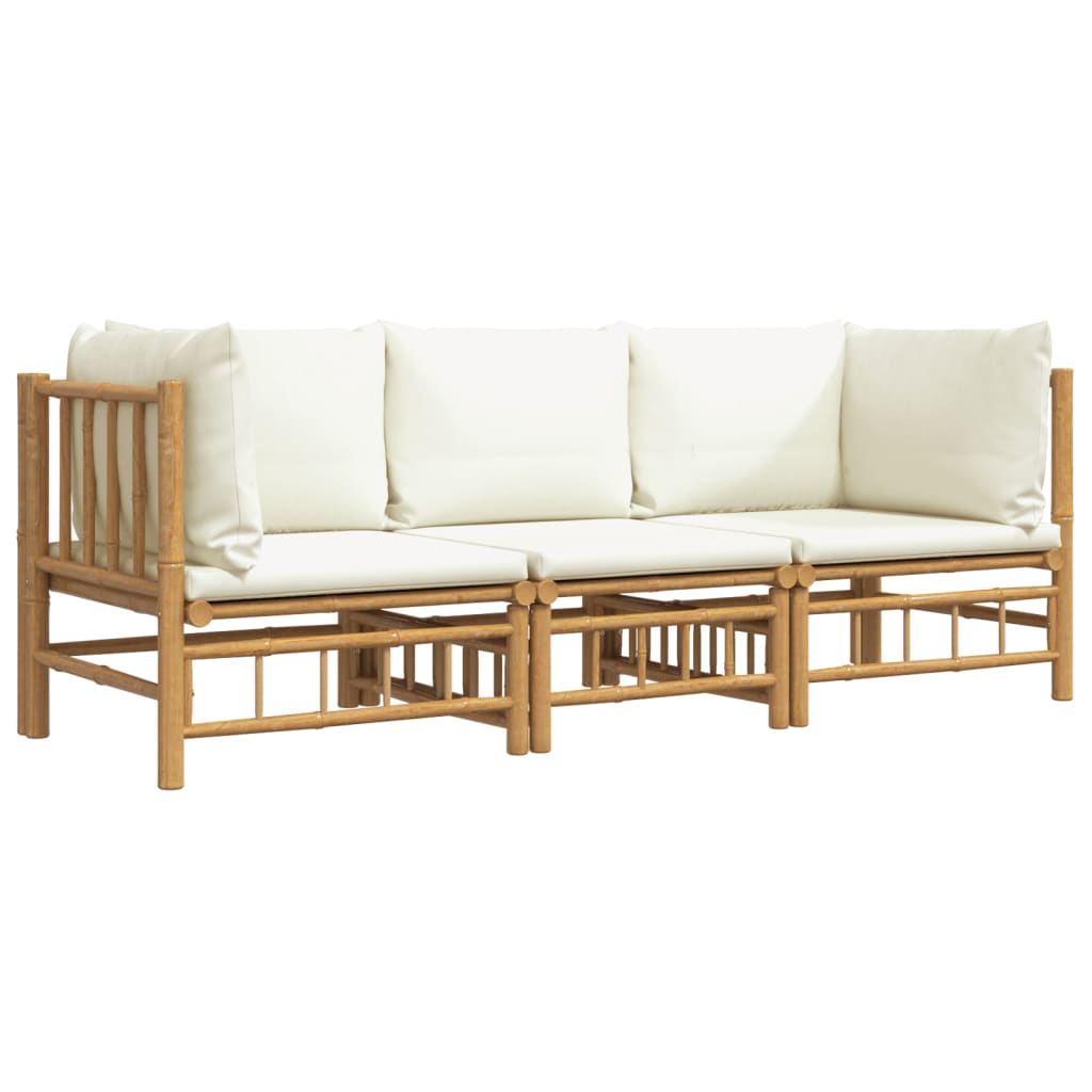 vidaXL 3 Piece Patio Lounge Set with Cream White Cushions Bamboo-1