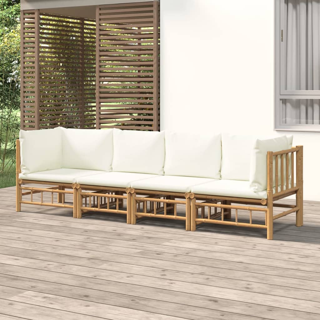 vidaXL 4 Piece Patio Lounge Set with Cream White Cushions Bamboo-0