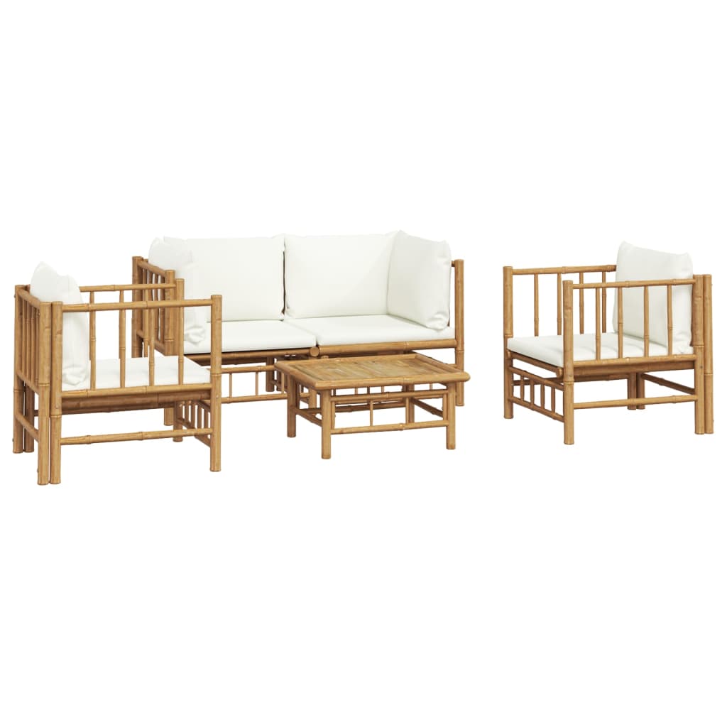 vidaXL 5 Piece Patio Lounge Set with Cream White Cushions Bamboo-1