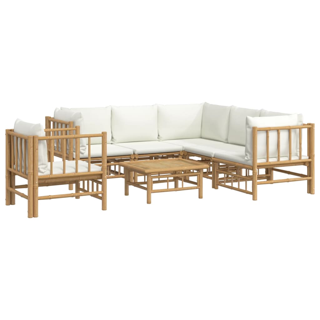 vidaXL 7 Piece Patio Lounge Set with Cream White Cushions Bamboo-1