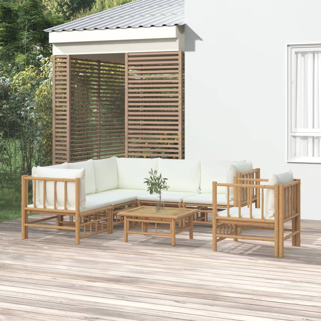 vidaXL 7 Piece Patio Lounge Set with Cream White Cushions Bamboo-0