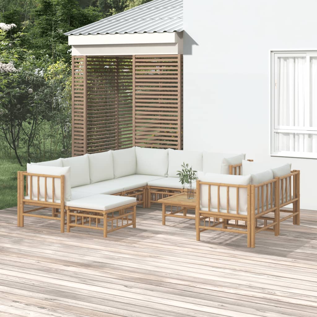 vidaXL 10 Piece Patio Lounge Set with Cream White Cushions Bamboo-0