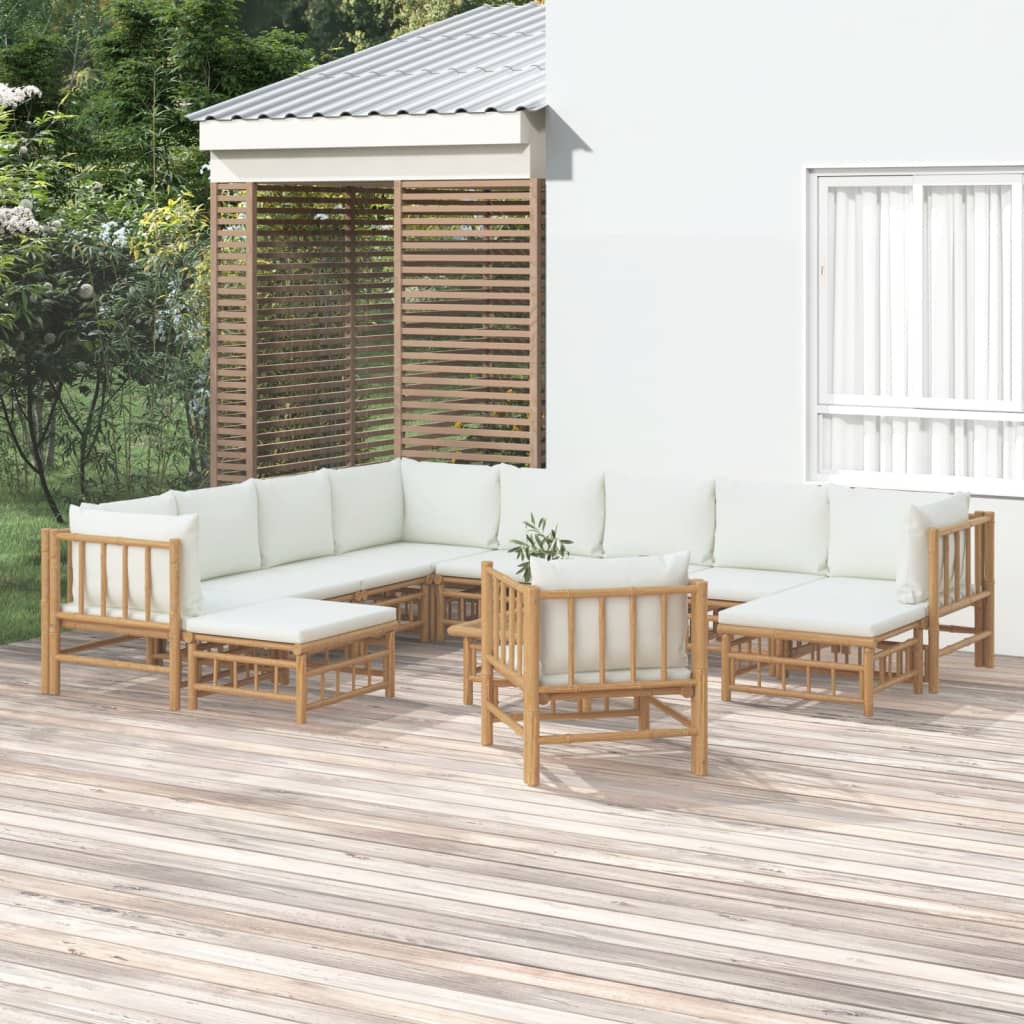 vidaXL 12 Piece Patio Lounge Set with Cream White Cushions Bamboo-0