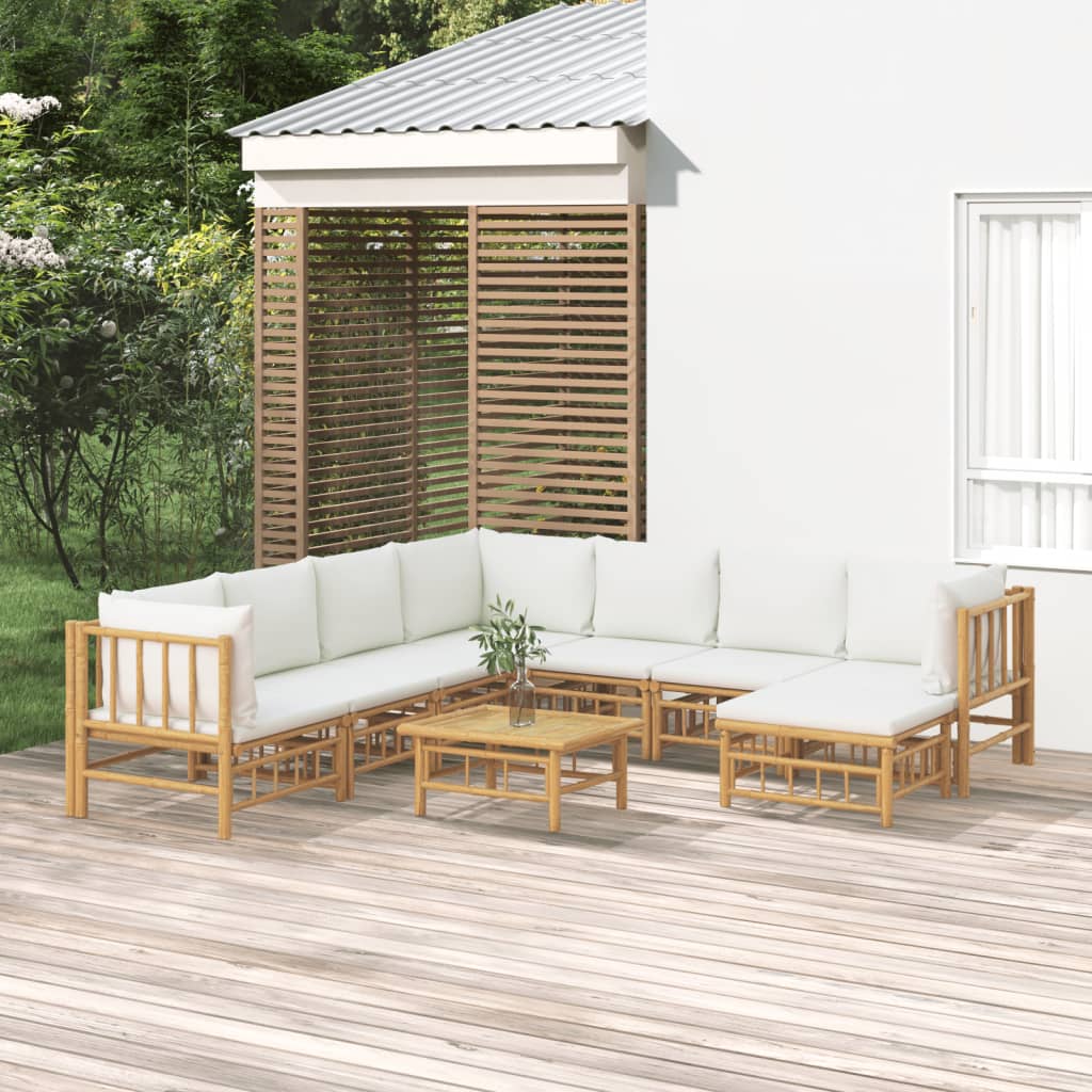 vidaXL 9 Piece Patio Lounge Set with Cream White Cushions Bamboo-0